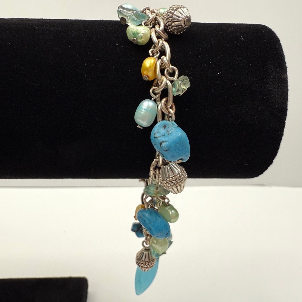 Charm Bracelet Silver Tone Turquoise Glass Beaded Boho Statement Jewelry 7.25